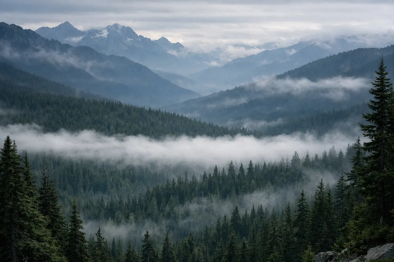 Pacific Northwest forest with fog and mountains
